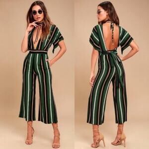 Faithful the Brand Cedric Green and Black Striped Backless Jumpsuit